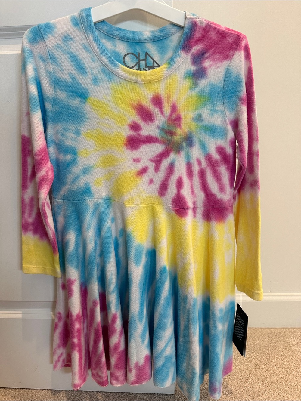 Chaser Tie-Dye Long Sleeve Girls Swing Dress in Blue, Yellow & Pink
